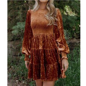 Baltic Born Kele Burnt Orange Crushed Velvet Smocked Tiered Dress EXTRA LARGE
